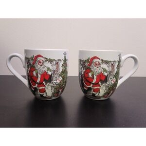 2 Fitz And Floyd Christmas Tree Santa Mug Set One 'Look And You Know' 12oz Cups